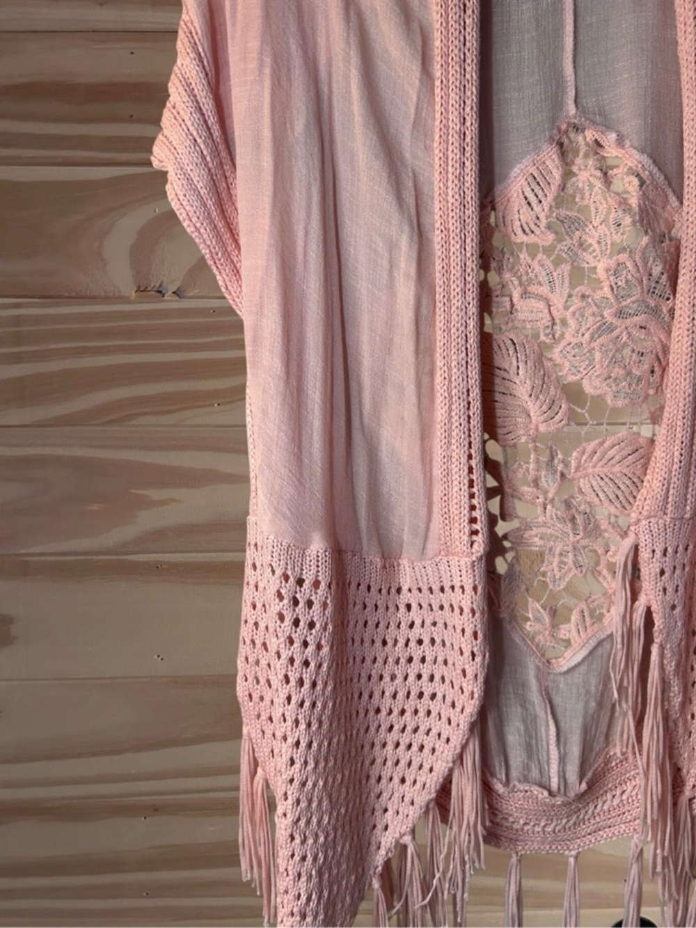 Forgotten Grace Crochet
Fringe Short Sleeve Pink Kimono
Top size s/m - Picture 3 of 7